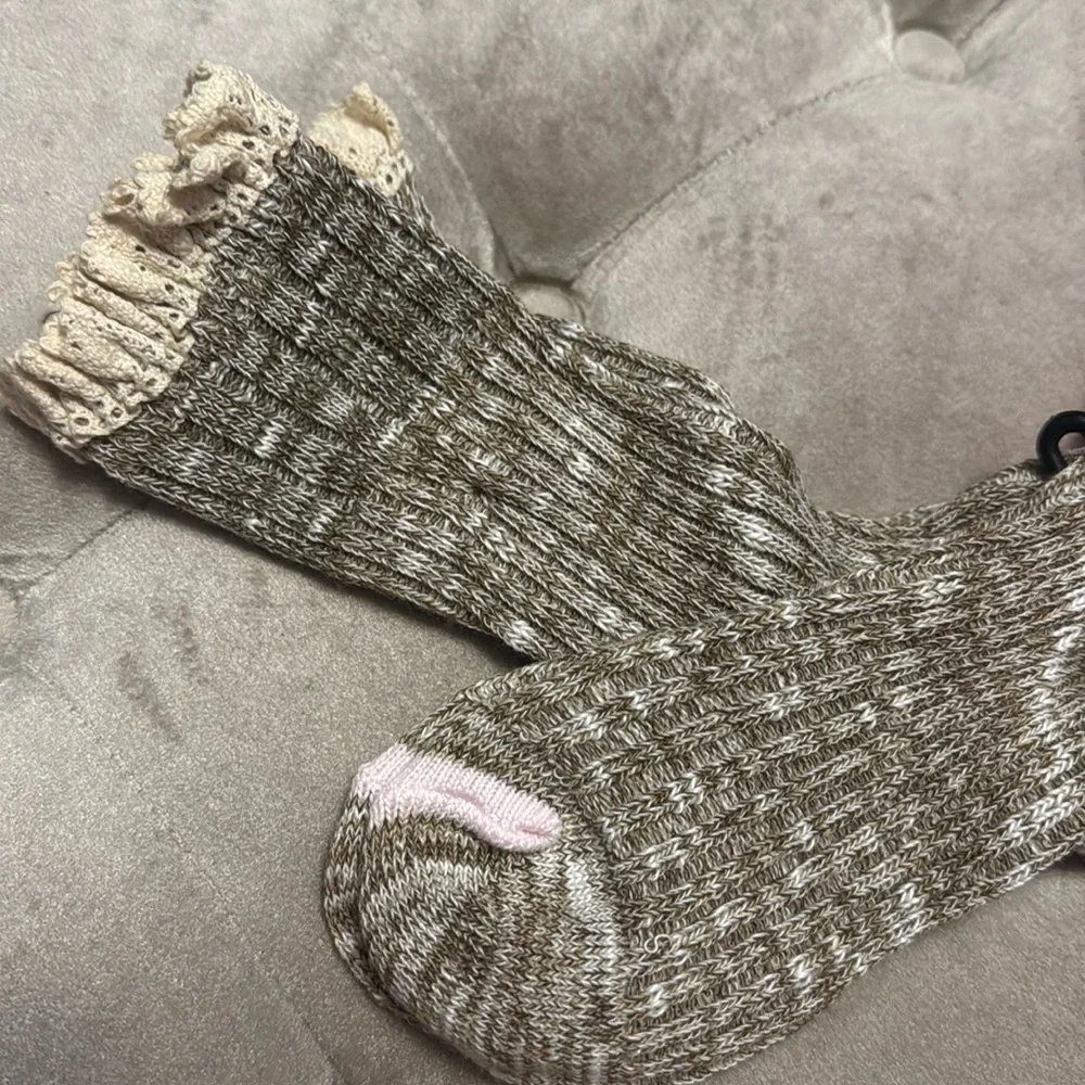 Crochet edge boot socks, light brown with cream lace, new